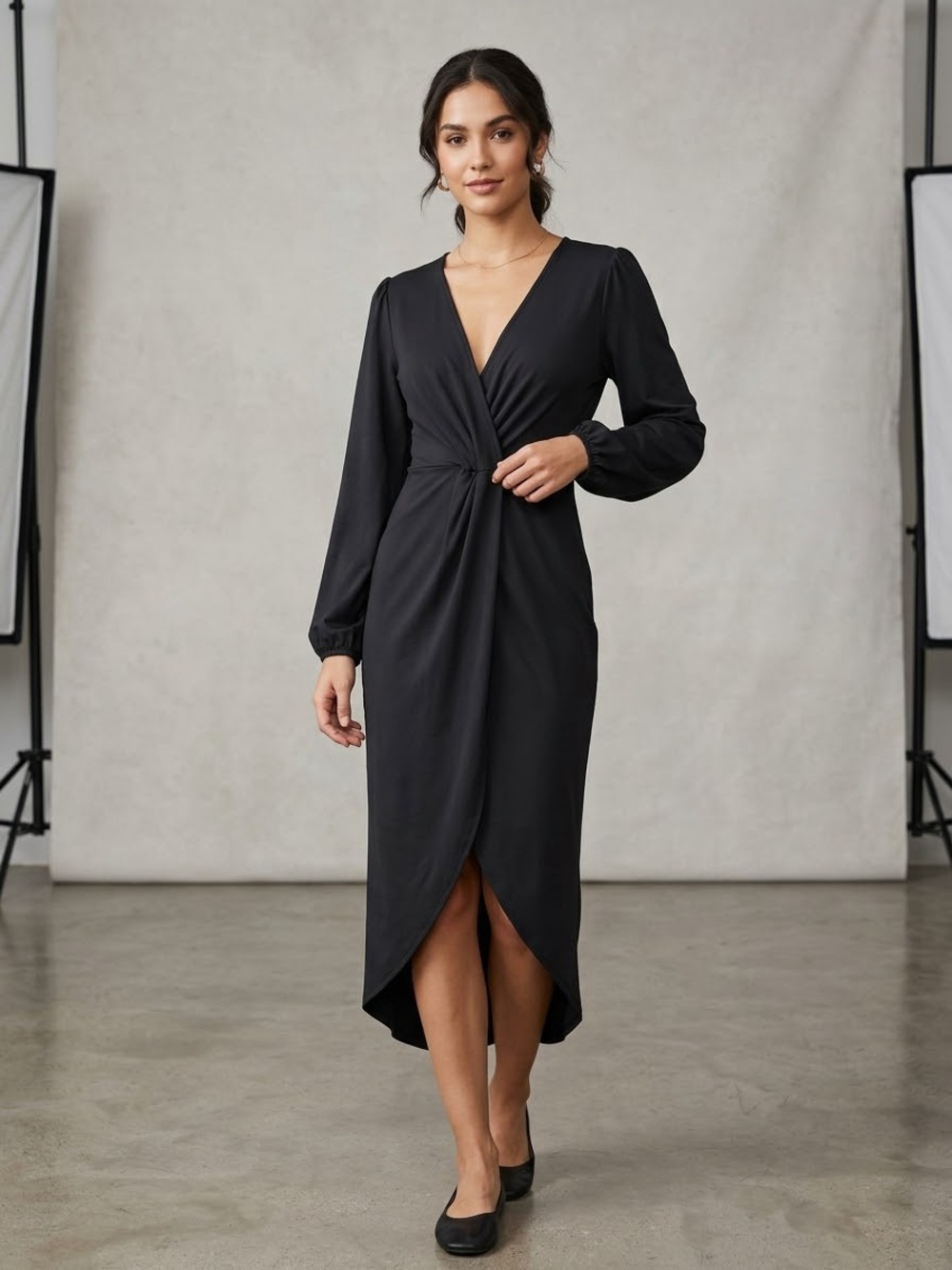 HALARA Black Long Sleeve Wrap-Front Midi Dress